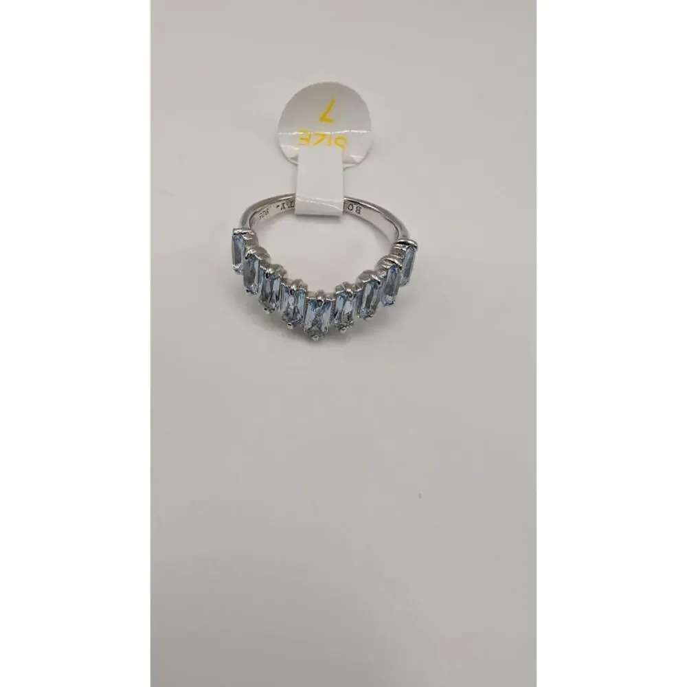 Silver Chevron Ring with Blue Gemstones, Size 7